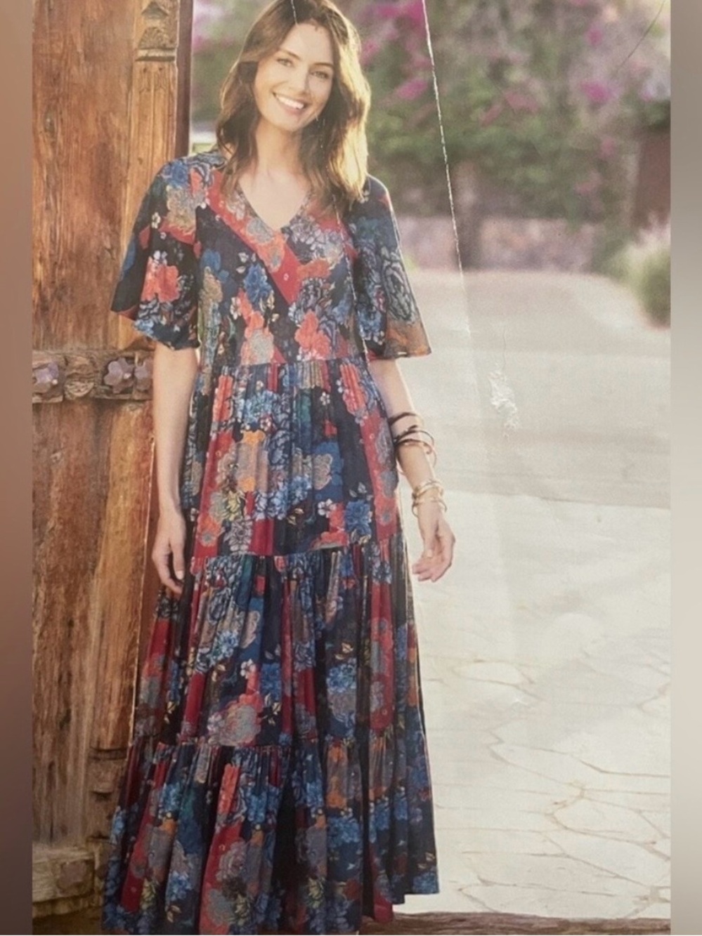 Soft Surroundings Mirabelle Floral Patchwork  Maxi Dress Tiered Flutter Large